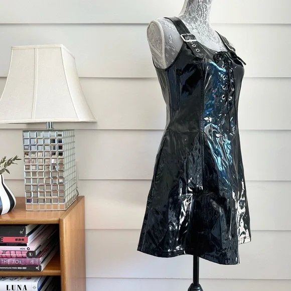 Vintage Lip Service Black Vinyl Pinafore Dress size M Y2K made in USA - Picture 3 of 13